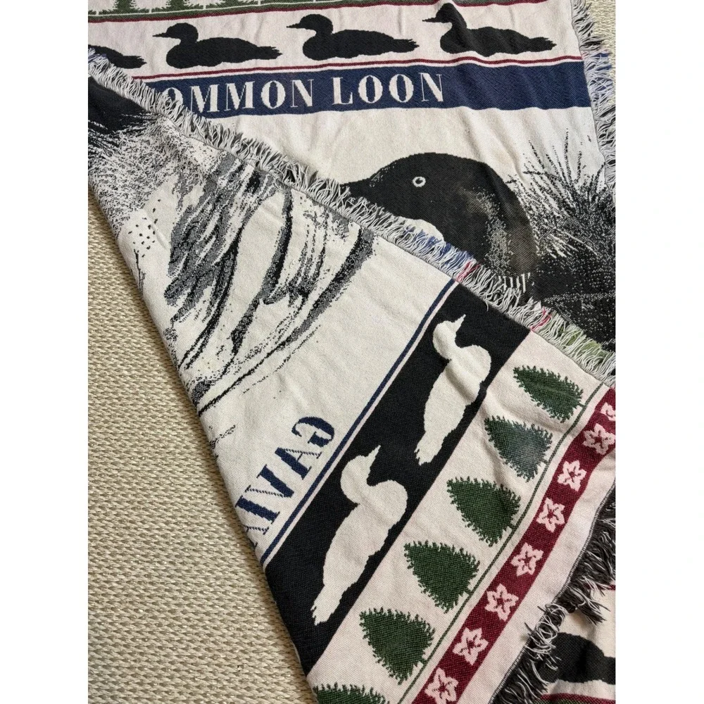 Vintage Common Loon Gavia Immer Woven Tapestry Throw Blanket Fringed Cabin